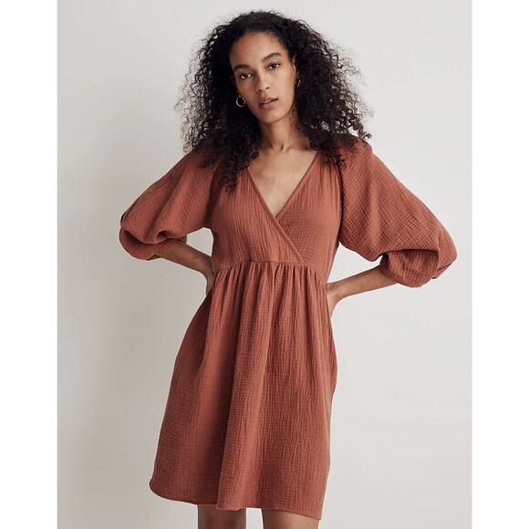 MADEWELL Marianna Puff-Sleeve Mini Dress Clay Brown {J37} - Picture 1 of 7